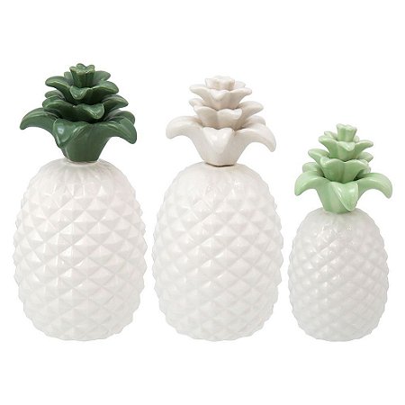 Jogo de 3 Peças Abacaxi Decorativo de Cerâmica Branco Adorno