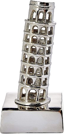 Esatua Decorativa Torre Pisa Em Alumínio Prata P/ Casa Luxo