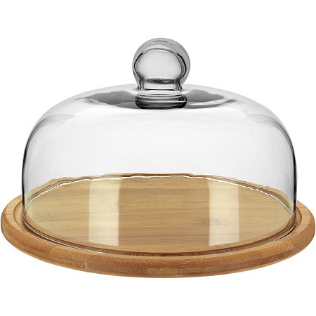 Prato Para Bolo Tampa De Vidro Bambu 15X26X26Cm Natural Luxo