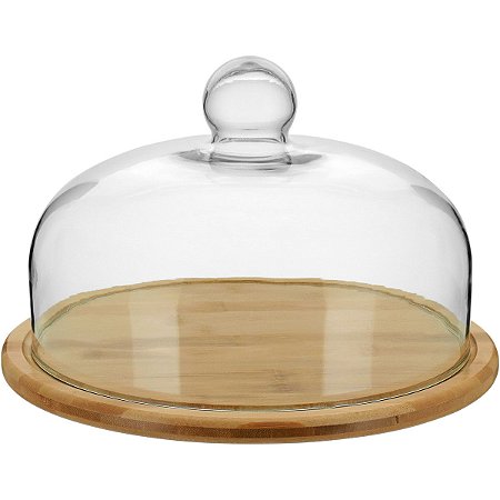 Prato Para Bolo Tampa De Vidro Bambu 18X29X29Cm Natural Luxo