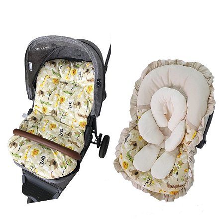 Kit Colchonete para Carrinho + Capa para Bebê Conforto + Apoio Redutor  Safari Caqui - Vista Baby