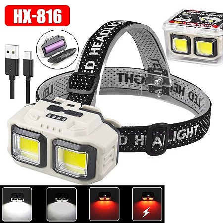 Lanterna LED Para Cabeça Bright Headlights HX-816 SP65170 COB / Recarregavel - Bege/Preto.