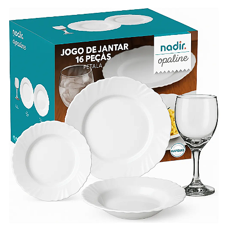 Aparelho De Jantar E Taças Duralex Opaline Pétala Branco 16 Branco Lisa
