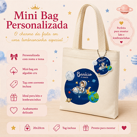 Mini Bag Personalizada em Algodão Cru com Tag| Lembrança Festa Infantil