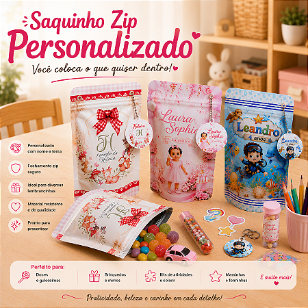 10 Saquinhos Zip Personalizado 12x20 cm para Lembrancinhas
