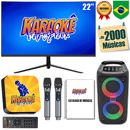 Karaoke Party Box Profissional Completo +Monitor +Caixa De Som +2 Microfones Sem Fio +Catálogo De Músicas Impresso
