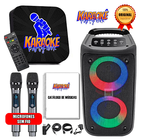 Karaoke Party Box Profissional Preto +2Microfones Sem Fio +CaixaDeSom +2000Músicas +Catálogo Impresso (Com Pontuação)