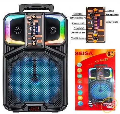 Caixa De Som 2000w Potente Portátil Bluetooth C/ Microfone Led Rádio Recarregável