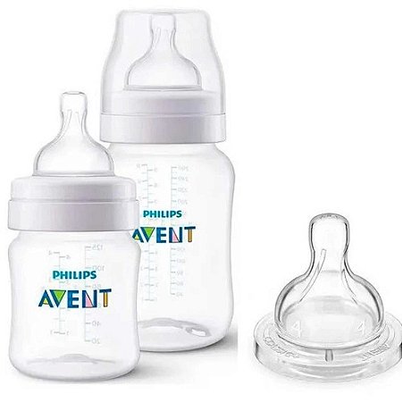 Kit Mamadeira Anti Colic 125 + 260 ml + Bico 4 Transparente - Philips Avent