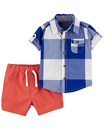 Conjunto 2 Peças Xadrez Azul/Coral - 9m (6 a 9 meses) - Carter's