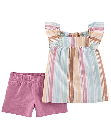 Conjunto 2 Peças Short Roxo Blusa Listrada - 2T (2 a 3 anos) - Carter's