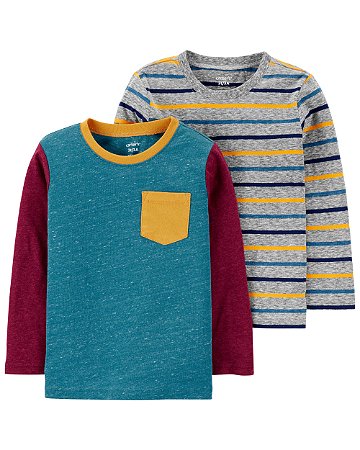 2 Camisas Manga Longa Azul/Listrado - 12m (9 a 12 meses) - Carter's