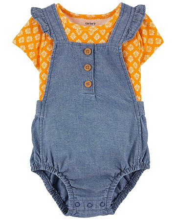 Jardineira Body Jeans Blusa Amarela - 6m (3 a 6 meses) - Carter's
