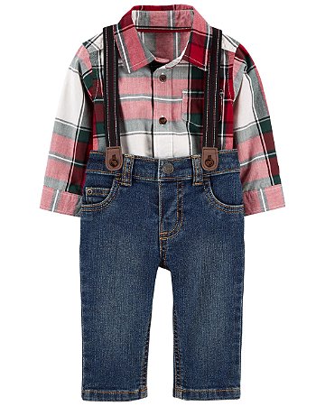 Jardineira Jeans Body Xadrez - RN - Carter's