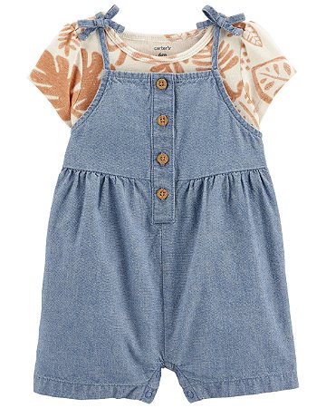 Jardineira Jeans + Camisa Folhas Marrom - RN - Carter's