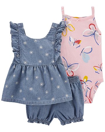 Conjunto 3 Peças Jeans Borboleta - 3m (1 a 3 meses) - Carter's