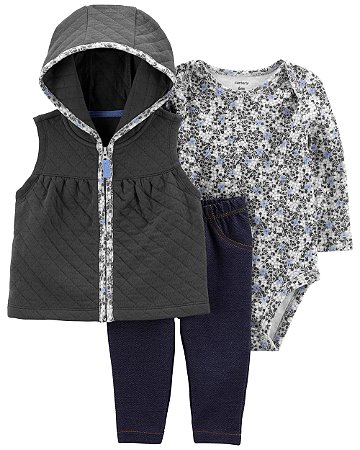 Conjunto 3 Peças Colete Chumbo Flores - 12m (9 a 12 meses) - Carter's