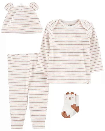 Pijama 2 peças + Meia + Touca Listrado Branco - 6m (3 a 6 meses) - Carter's