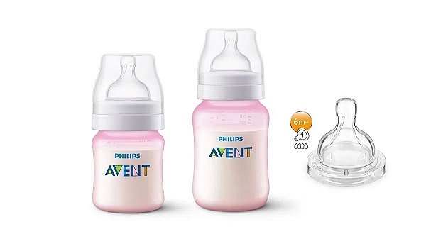 Kit Mamadeira Anti Colic 125 ml + 260 ml + Bico 4 - Rosa - Philips Avent