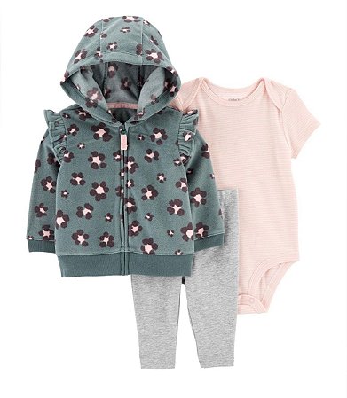 Conjunto 3 peças Moletom Verde Flores Rosa - RN - Carter's