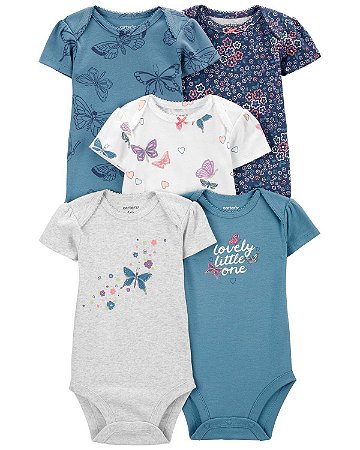 Kit Body 5 Peças Azul Borboleta Lovely - 12m (9 a 12 meses) - Carter's