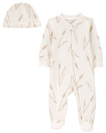 Pijama com pezinho + Touca Off White - 3m (1 a 3 meses) - Carter's