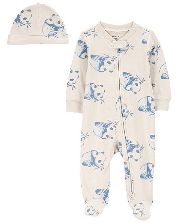 Pijama com pezinho Panda Azul + Touca - RN - Carter's