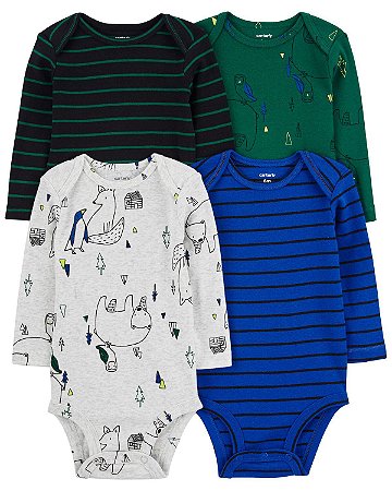 Kit Body 4 peças Urso Listrados Azul/Verde - RN - Carter's