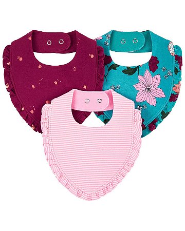 Kit 3 Babadores Flores Verde/Rosa - Carter's