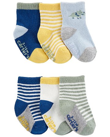 Kit 6 Meias Dino Azul/Amarela - 0 a 3 Meses - Carter's