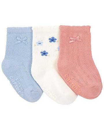 Kit 3 Meias Azul/Flores/Rosa - 12 a 24 meses - Carter's