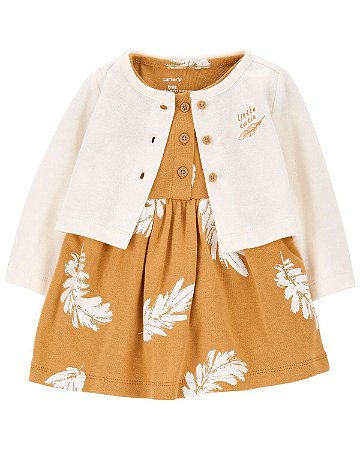 Vestido Marrom Folhas + Cardigan - 12m (9 a 12 meses) - Carter's