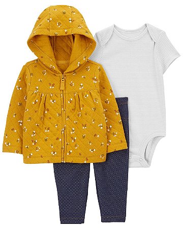 Conjunto 3 peças Casaco Mostarda Florzinha - 18m (12 a 18 meses) - Carter's