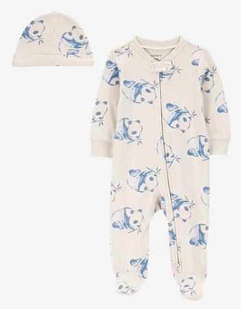 Pijama com pezinho Panda Azul + Touca - 6m (3 a 6 meses) - Carter's