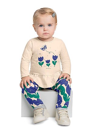 Conjunto Blusa e Calça em Cotton Flores Bege/Azul - Tam P - Quimby