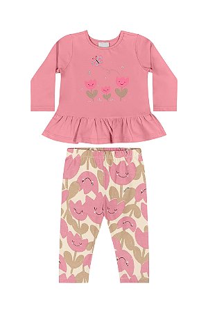 Conjunto Blusa e Calça em Cotton Flores Rosa - Tam 3 - Quimby