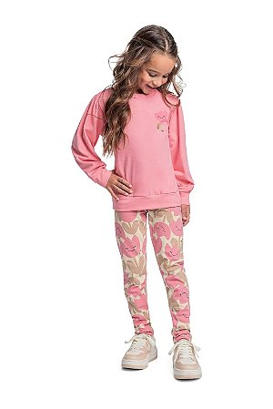 Conjunto Blusa e Calça em Cotton Flores Rosa - Tam 4 - Quimby