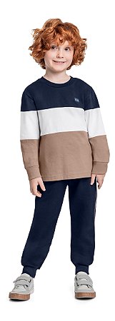 Conjunto Camiseta Malha e Calça Moletom Listrado Azul - Tam 6 - Quimby