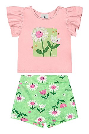 Conjunto Short Saia Flores Rosa/Verde - Tam 2 - Quimby