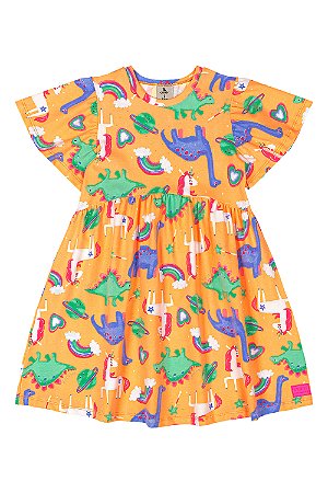 Vestido em cotton Dino Laranja - Tam 6 - Quimby
