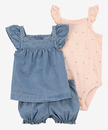 Conjunto 3 peças Jeans/Rosinha - 6m (3 a 6 meses) - Carter's