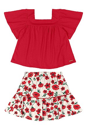 Conjunto Bata e Saia Flores Red Tam 4 - Quimby