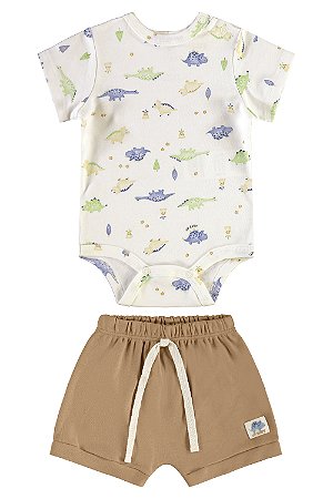Conjunto Body Branco Dino Short Bege - Tam P - Up Baby