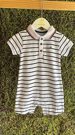 Polo Romper Listrado - Tam 12m (12 a 18 meses) - Tommy Hilfiger