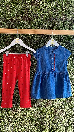 Conjunto Blusa Jeans Calça Vermelha - Tam 2 (2 anos) - Tommy Hilfiger