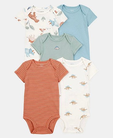 Kit 5 Bodys Dino Listrado Marrom - 9m (6 a 9 meses) - Carter's