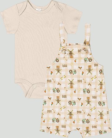 Conjunto Body Jardineira Bege Farm Tam P - Up Baby