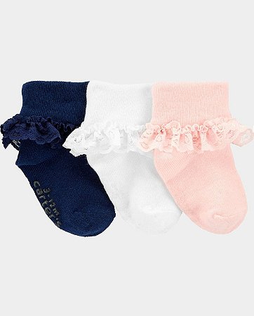 Kit 3 Meias Rosa/Branca/Azul - 3 a 12 meses - Carter's