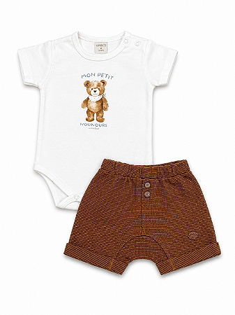Conjunto Body Short Marrom Vintage Boy Tam M - Mini & Co