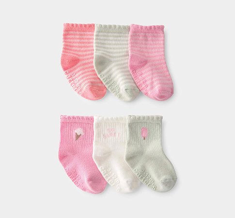 Kit 6 Meias Sorvete Rosa/Cinza - 0 a 3 meses - Carter's